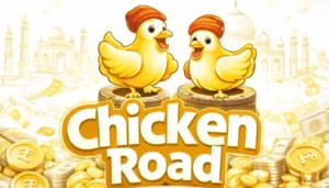 Chicken Road crash game in India with white background, yellow outlines, cartoon chicks and tire platforms in online casino