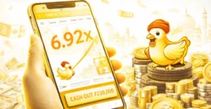 Mobile screen displaying Chicken Road crash game with yellow theme, chicks on tires and cash out option in India